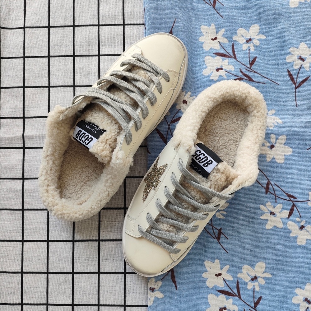 Golden Goose Cream Sneakers with Gold Glitter Star and Sherpa Lining